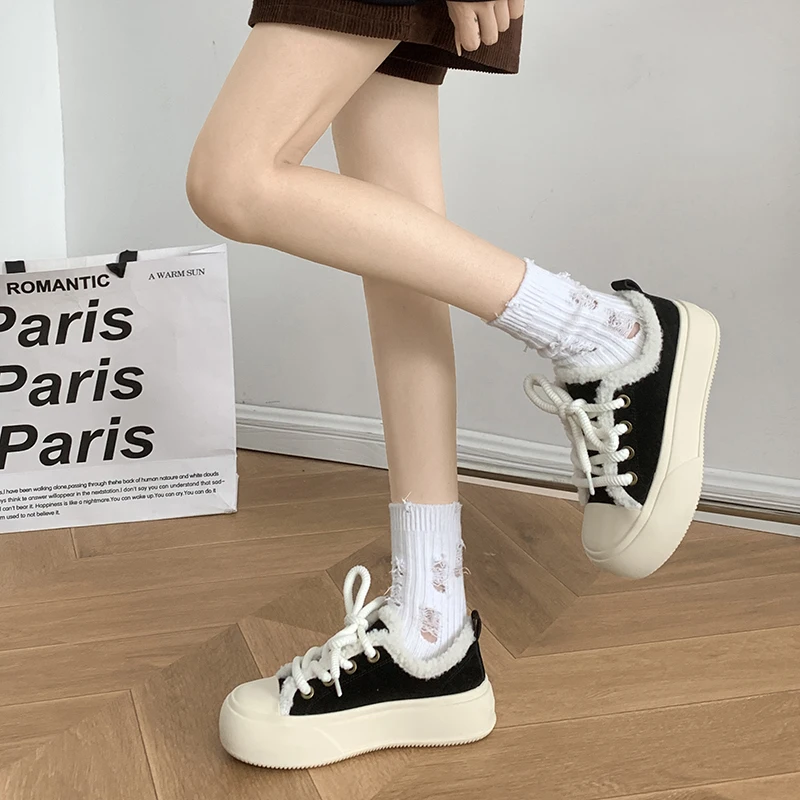 

Retro Woman Shoes Clogs Platform All-Match Female Footwear Winter Cross New Creepers Dress Basic Fabric Canvas Cross-tied Med PU