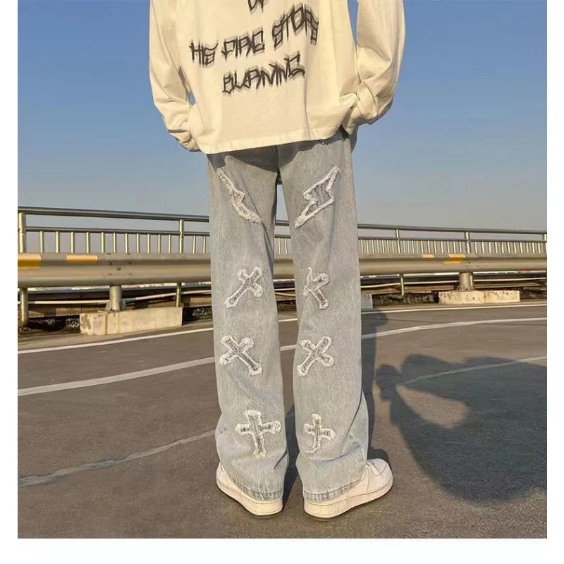 New Fashion Trend Casual Streetwear Printed Cross Trousers Jeans Pants Baggy Men Jeans Denim Pants Fashion Loose Wide Leg Jeans