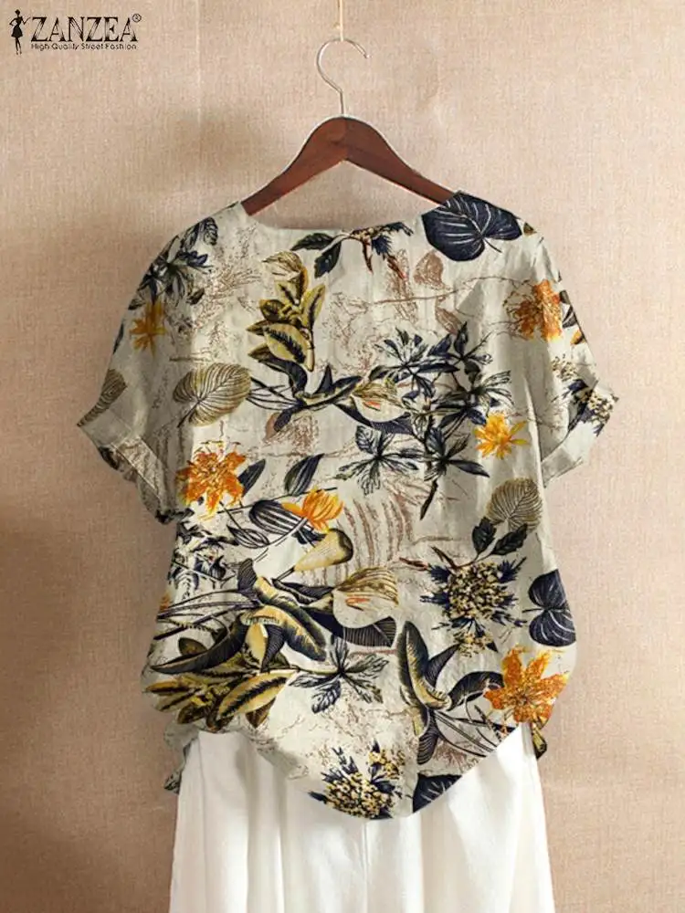 ZANZEA Tunic Cotton Chemise Women Summer Floral Printed Short Sleeve Blouses Holiday Tops 2022 Causal Loose Shirt  