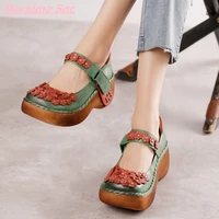 2022 floral genuine leather women shoes nationality hook loop sewing thread round toe comfortable fashion hot sale