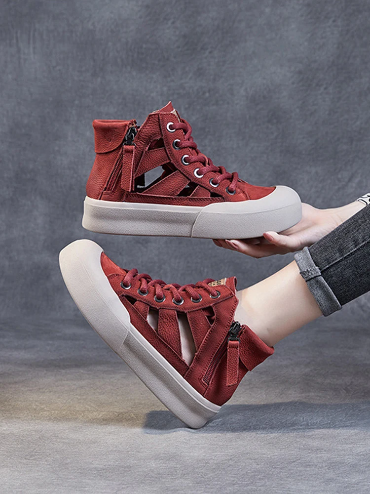 

Birkuir Genuine Leather Flats Shoes Women Luxury High Top Hollow Out Summer Boots Zip Vulcanized Shoes Thick Heel Platform Shoes