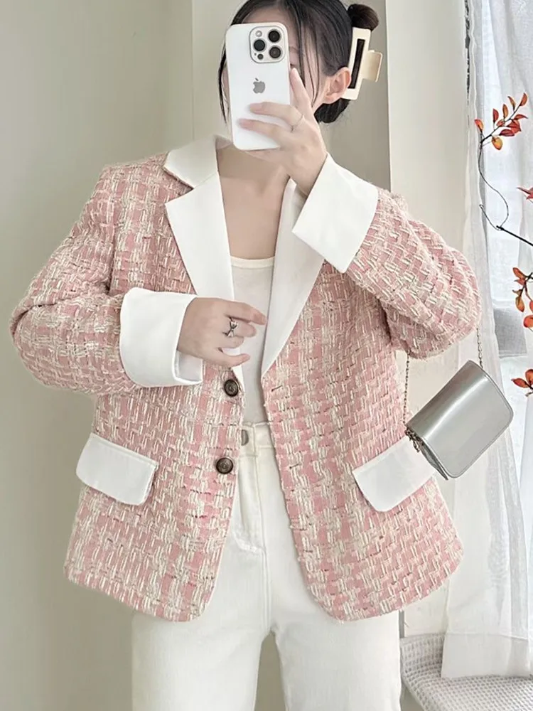 

2023High Quality Small Fragrance Woolen Tweed Jacket Coat Women Autumn Winter French Vintage Luxury Korea Chic Turndown Collar T