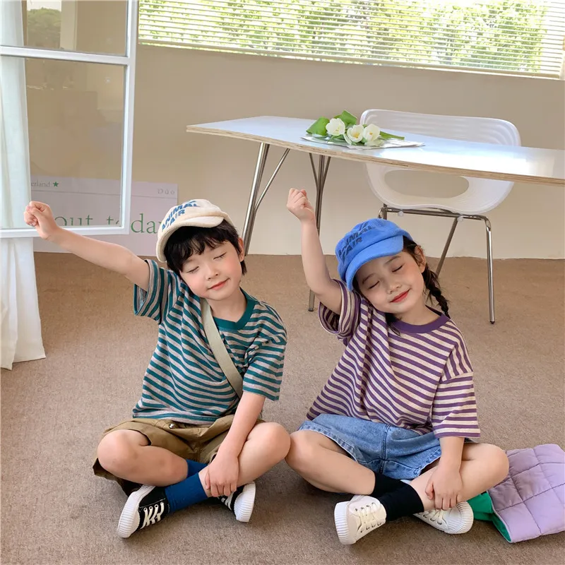 Летние фиолетовые полосатые футболки унисекс Детские хлопковые свободные