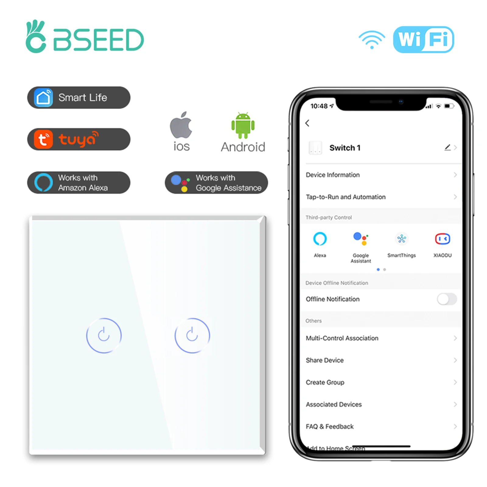 

BSEED WIFI 1/2/3Gang 1/2/3Way Выключатель света Умные настенные сенсорные выключатели Smart Life APP Стекло с нормальной розеткой ЕС без Wi-Fi
