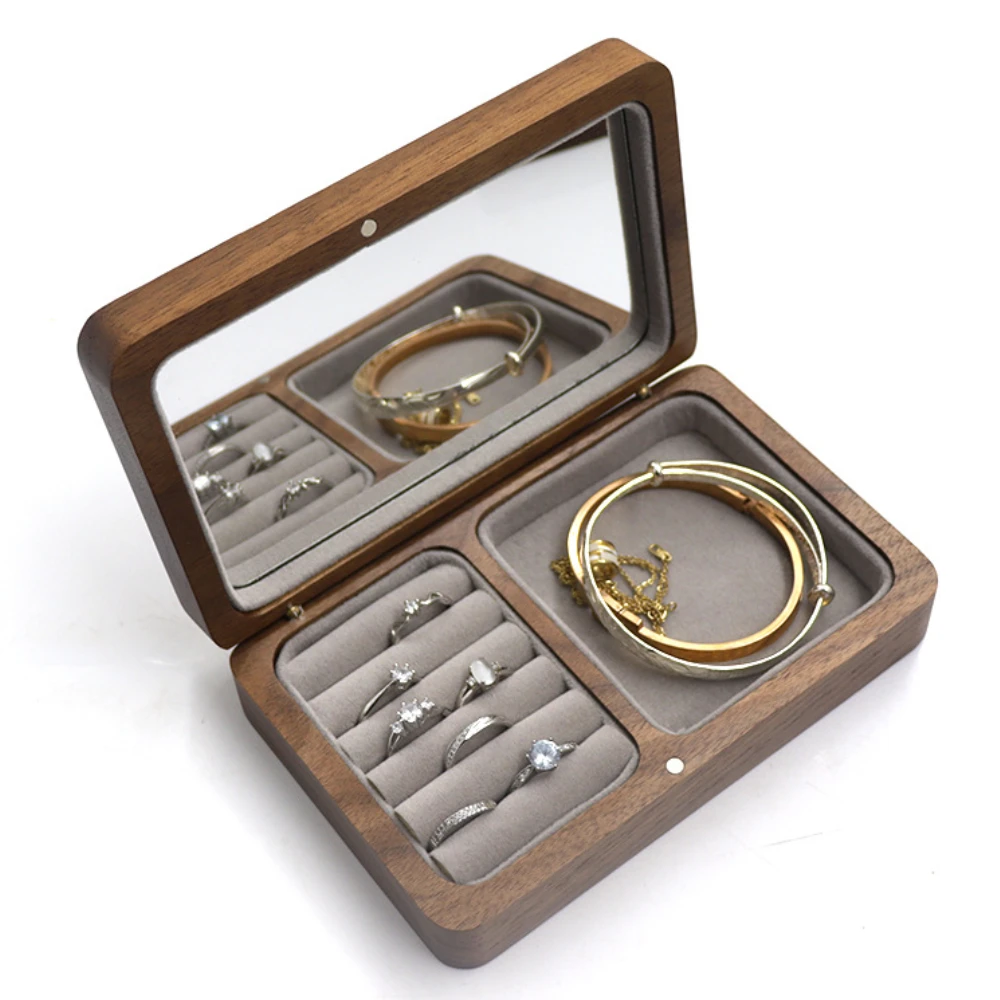 Wood Custom Wedding Valentine Walnut Proposal Engagement Ring Holder Box Packaging Earring Makeup Gift Case with Mirror