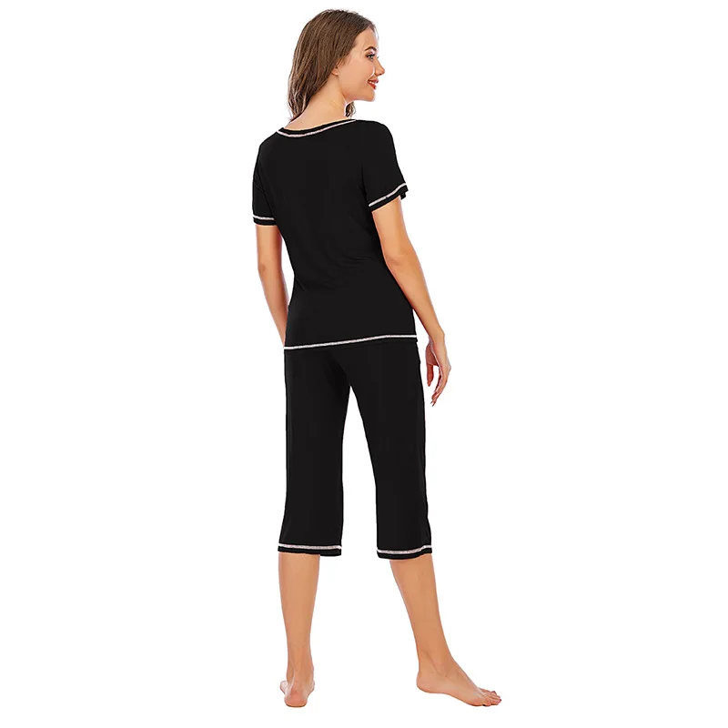 Spring and Autumn Women's Pajamas Suit Modal Short-sleeved Cropped Trousers Casual Home Service Pajama Set Women Sleepwear