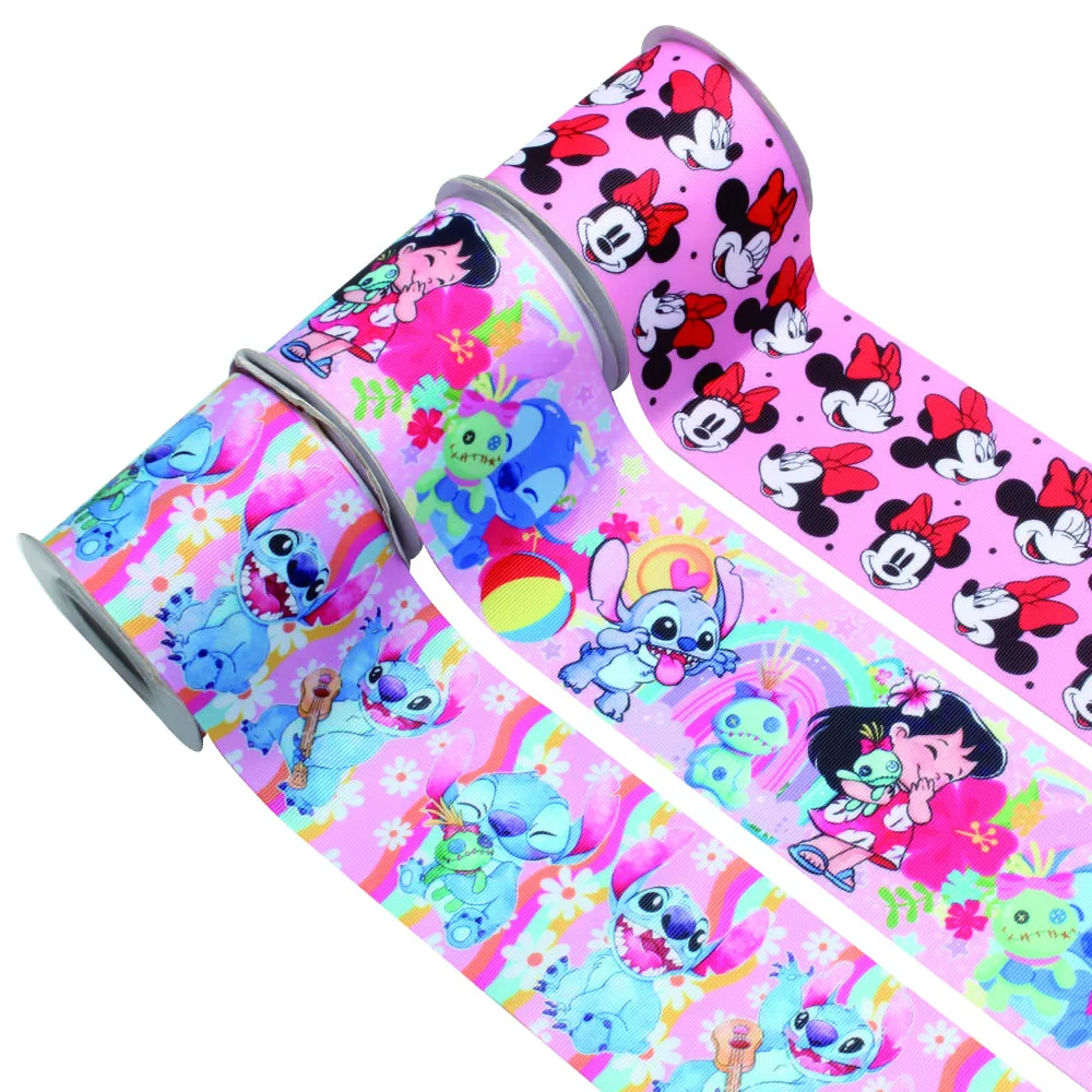 

10Yards Disney Pink Minnie Head and Stitch Cartoon Grosgrain Ribbon 38mm for Hairbows Accessories DIY Handmade Craft Materials