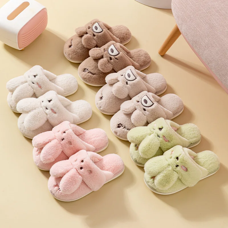 

Autumn Winter Fulffy Fur Slippers Women Plush Warm Flat Cartoon Rabbit Shoes Men Indoor Home Cotton Slippers Couple Shoes