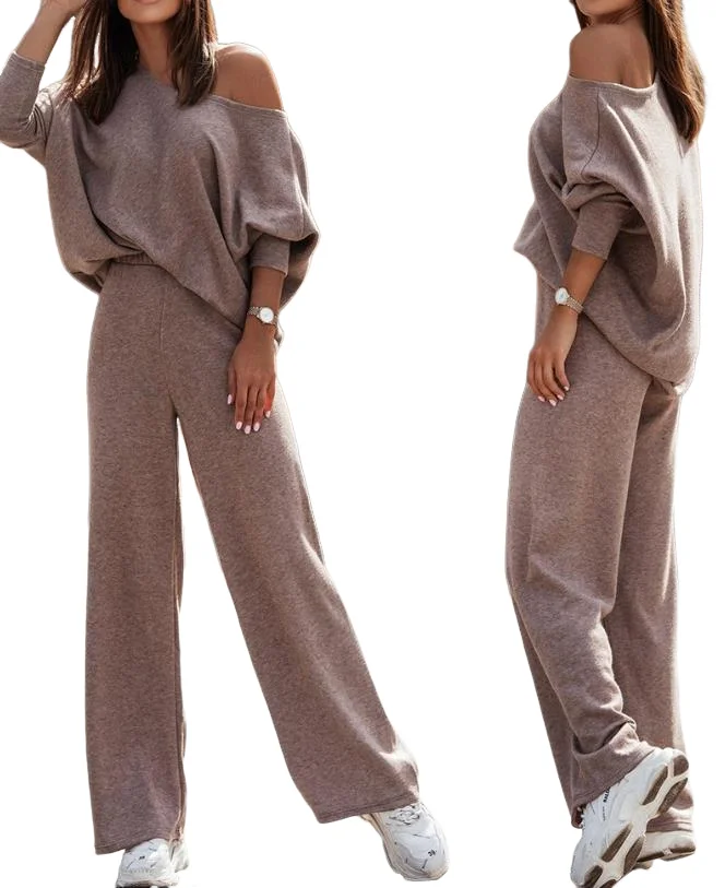 

Sexy Womens Two Piece Sets Outfit Skew Neck Top & Straight Leg Pants Set 2023 Autumn Winter Spring Fashion Casual