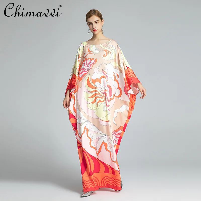 

2021 Spring New Maxi Dress Women Slimming Loose Oversize Dress Fashion Print Round Neck Batwing Sleeve Long Robe Floor-length