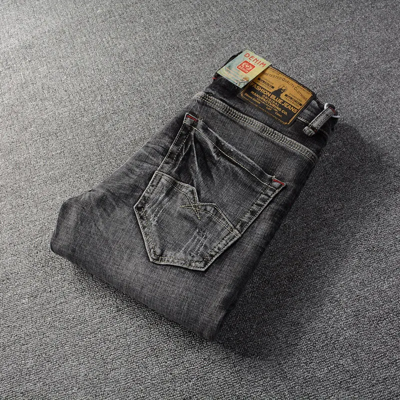 Fashion Designer Men Jeans Retro Washed Black Gray Elastic Stretch Slim Fit Ripped Jeans Men Trendy Designer Denim Pants Hombre