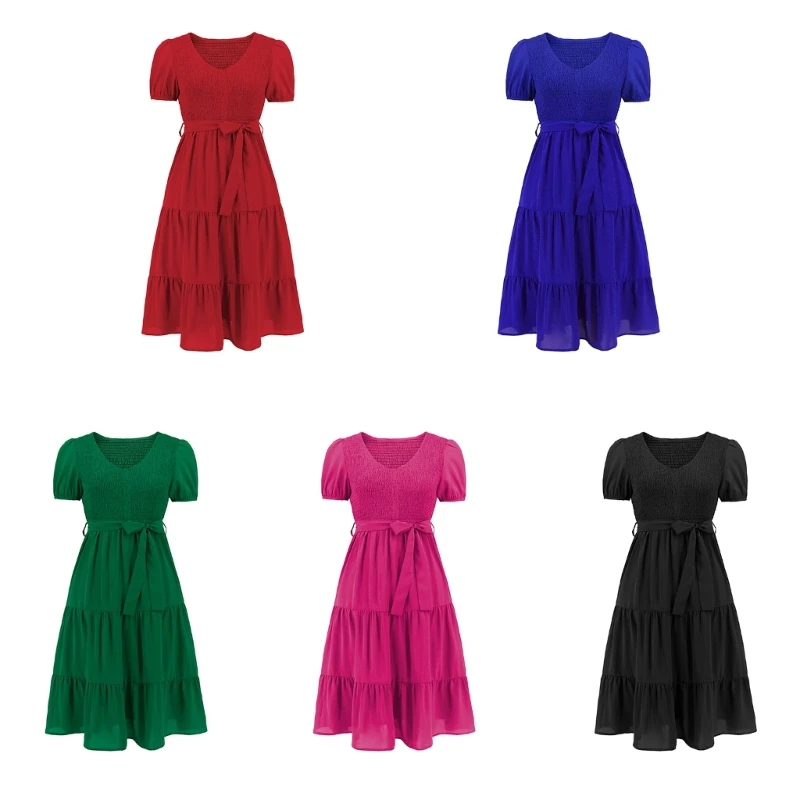 

Womens V-Neck Shirred Tiered Ruffled Hem Swing Midi Dress Puff Short Sleeve Solid Color Smocked Belted A-Line Dresses DropShip