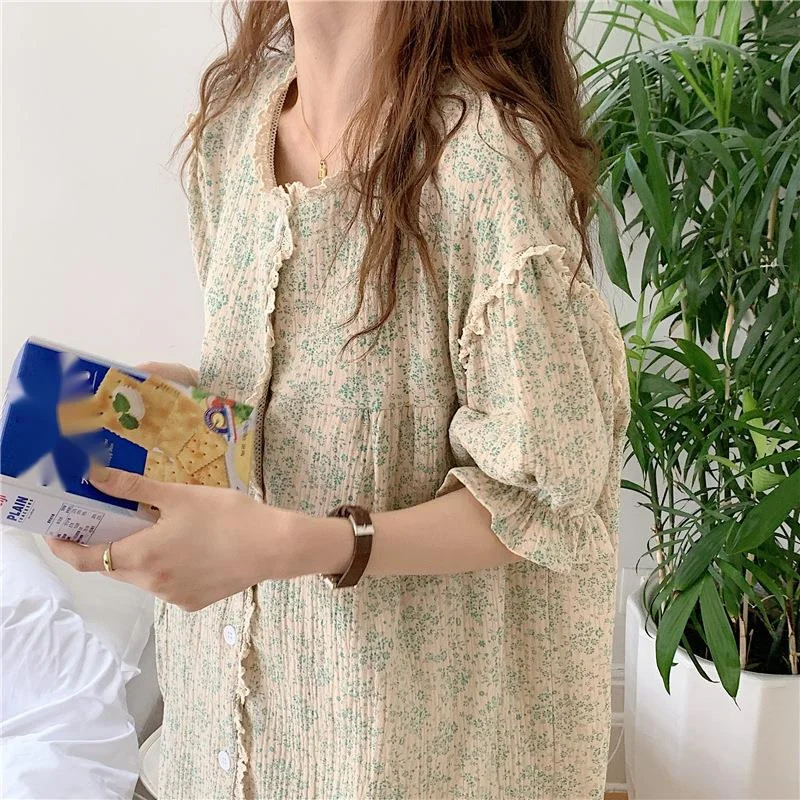 Women's Night Dress Cotton Lace Sleep Dress Half Sleeve Home Dressing Gown Summer Sweet Loose Sleepwear Pajamas Nightgown Female