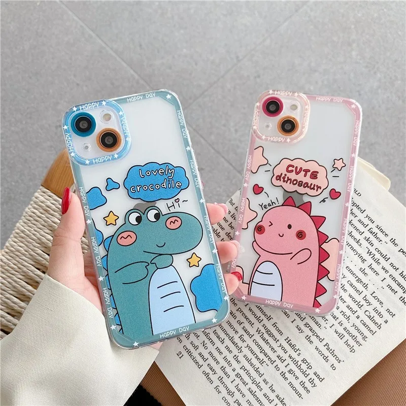 

Japan South Korea Cute Cartoon Animal Dinosaur Couple's Soft Case For Iphone 11 12 13 Pro Max 7 8 Plus Xr X Xs Se Cover Fundas
