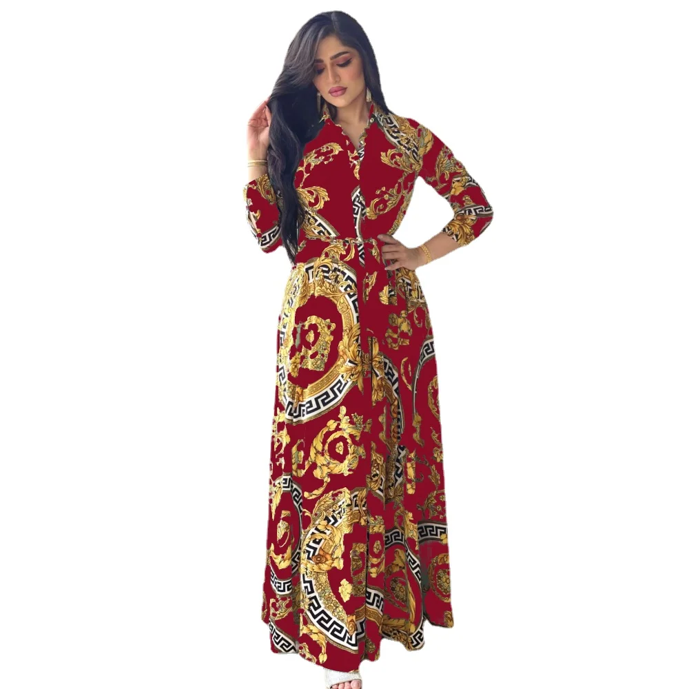 

Modest Dresses Red Notched Belt Button Long Sleeve Flower Print Floral Women Elegant Formal Dress