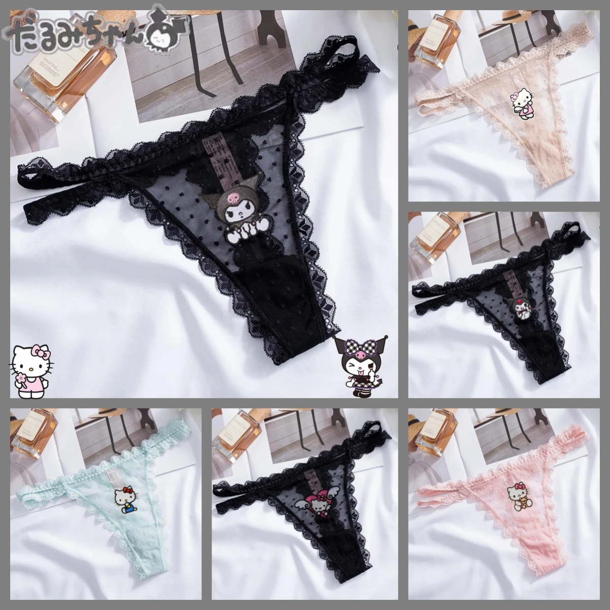 

Hello Kitty Kuromi Аниме Вышитые с низкой посадкой Y2K трусики для девушек Kawaii кружевные сексуальные трусики милые коричные дышащие трусики-стринги подарки
