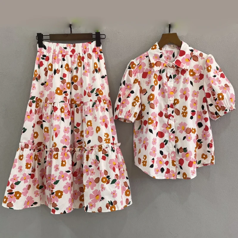 

Red RoosaRosee Fashion Spring Summer 2022 Women Short Sleeve Print Blouse + Cotton Midi Skirt Set 2 Piece Suit Female Twinset