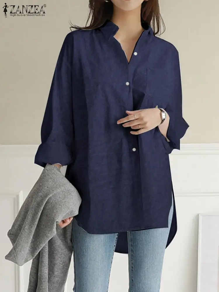 

ZANZEA Office Lady Irregular Hem Blouse Casual Oversized Solid Tunic 2022 Spring Long Sleeve Tops Women Fashion Denim Blue Shirt