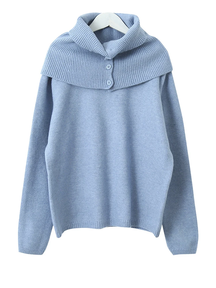 [EAM] Синий с шарфом большой размер вязаный свитер женские пуловеры круглым