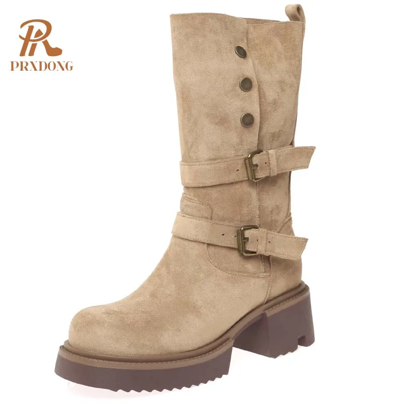 PRXDONG 2024 новые брендовые женские ботинки до середины икры из натуральной кожи