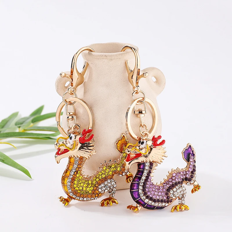 

1PC Cartoon Rhinestone Chinese Zodiac Dragon Pendant Keychain Women Men Bag Accessories Gift 4 Colors