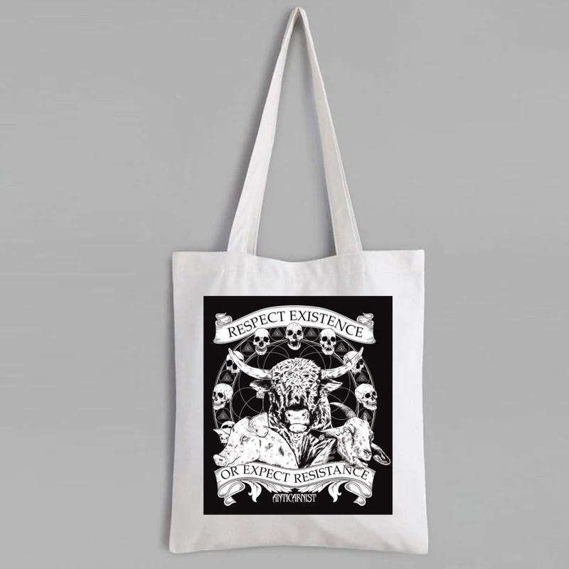 

Vegan Fashion Tote Bag Anticarnist Vegan Canvas Tote Bag Respect Existence or Expect Resistance Custom Logo Tote Bag Cartoon