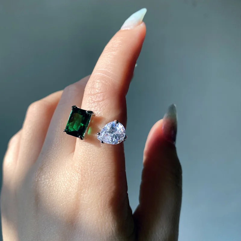 Новинка 925 серебро изумруд квадратное украшение регулируемое кольцо женское позолоченное 18 карат многогранное ярко-белое кольцо с бриллиантами