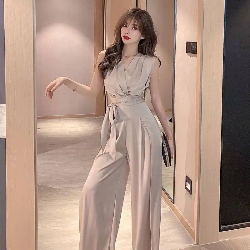 

2021 New Women Vintage V Neck Print Chic Jumpsuits Female Siamese Sleeveless Bow Tied Sashes Wide Leg Conjoined Pants T174