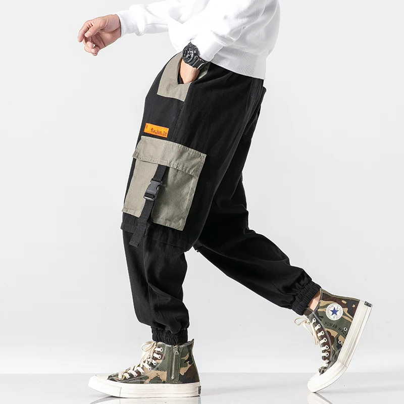 2022 Spring Men Elastic Waist Harem Pant Mens Street Punk Hip Hop Casual Joggers Trousers Male Black Mulit- Pockets Cargo Pants