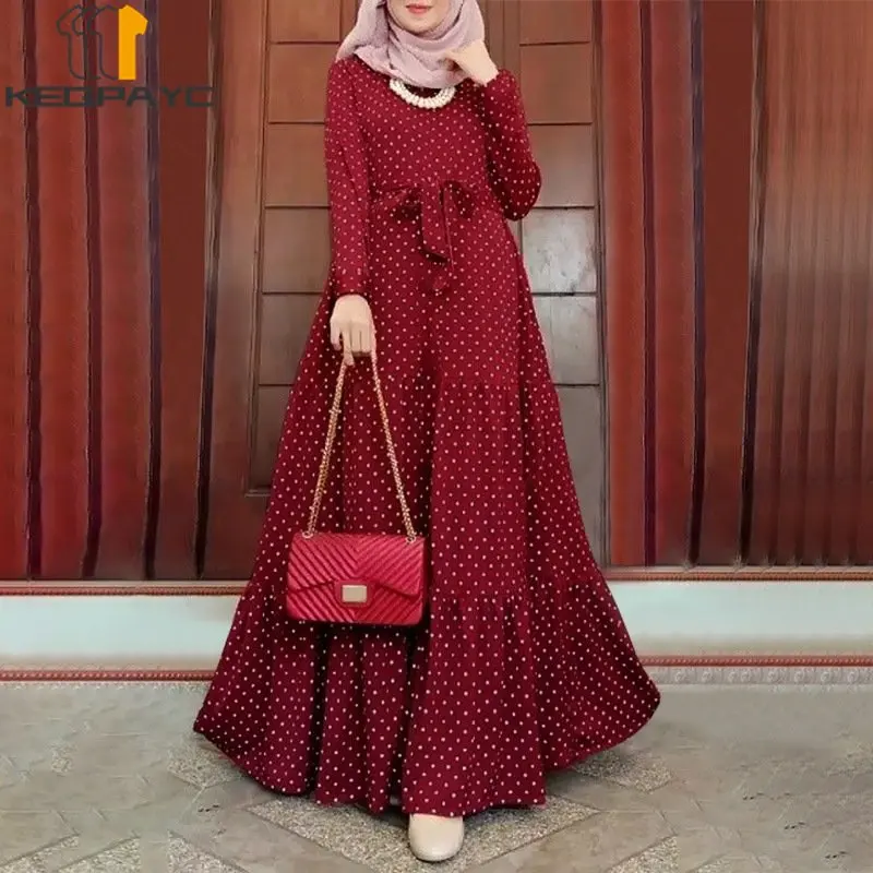 Muslim Women Dubai Abaya Long Dress Kaftan Islam Arab Elegant Dot Print Loose Dresses with Belt Robe Middle East Eid Clothing