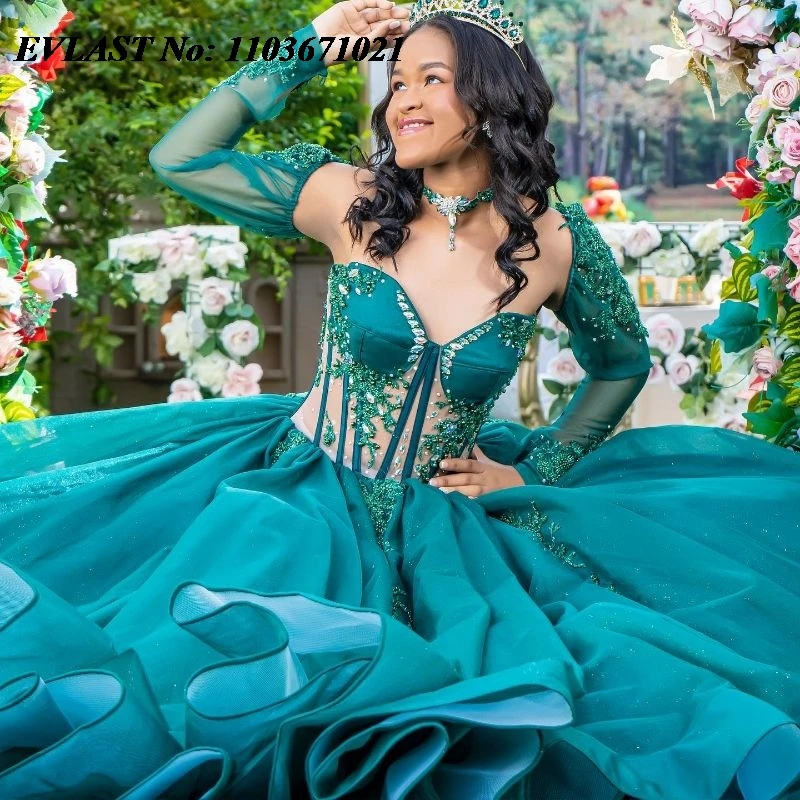 EVLAST индивидуальное изумрудно-зеленое бальное платье Quinceanera кружевное с