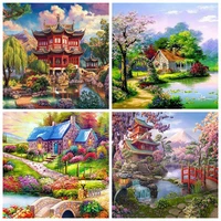 huacan diy diamond painting garden 5d embroidery house mosaic landscape needlework wall art decor for home