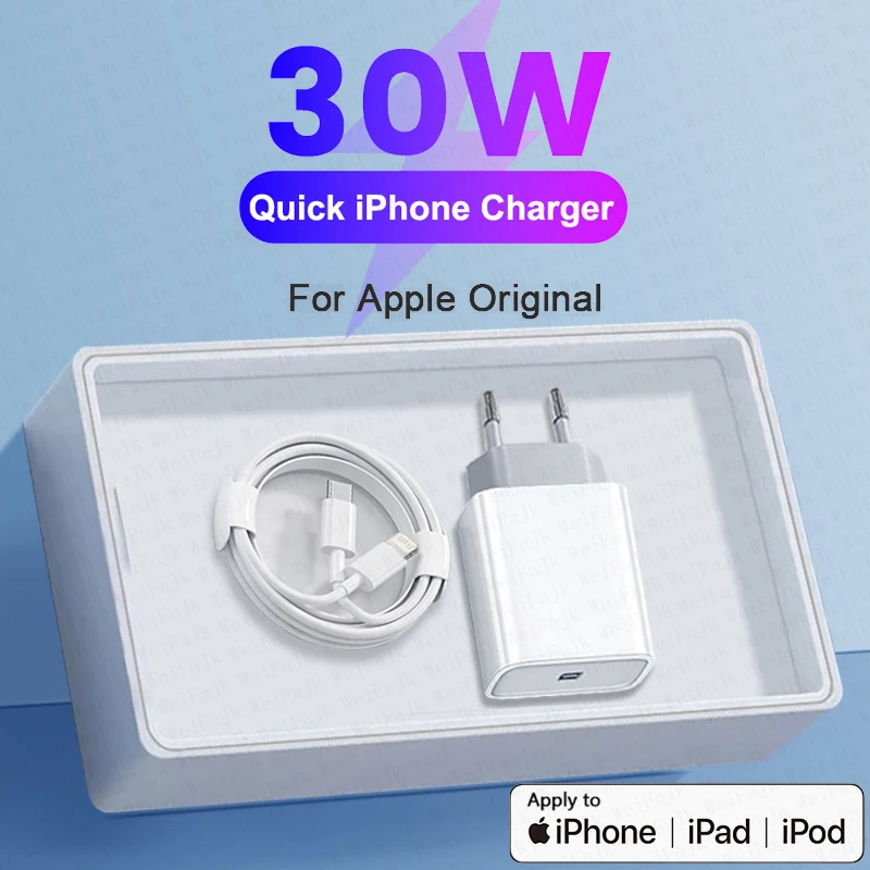 

For APPLE Original PD 30W USB Type C Charger For iPhone 12 11 14 13 Pro Max Mini X XS XR 6 7 8 Plus iPad Air Fast Charging Cable