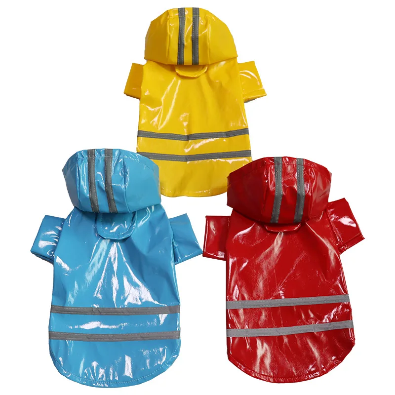 

Rainy Season Fashion Pu Reflective Stripe Pet Raincoat Hooded Factory Direct Sales Big Dog Raincoat Small Teddy Dog Raincoat
