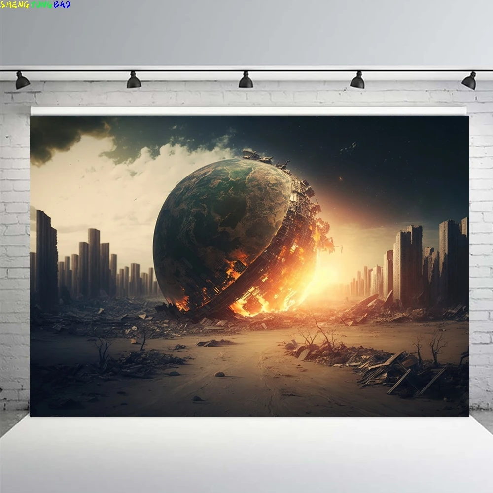Фото Ряженный городской фон Doomsday, катастрофа, пейзаж, горящее здание, уличный автомобиль, дым, фотофон, реквизит для студийной съемки №2