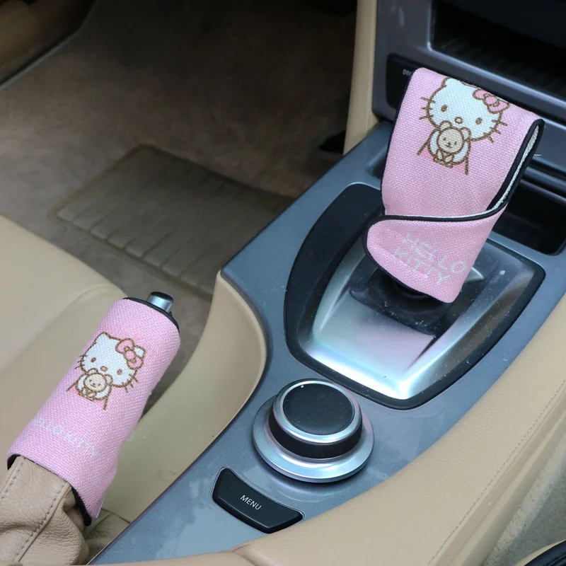 

Kawaii Sanrio Hello Kittys Cartoon Car Gear Cover Cute Gear Cover Linen Handbrake Cover Four Seasons Universal Car Accessories