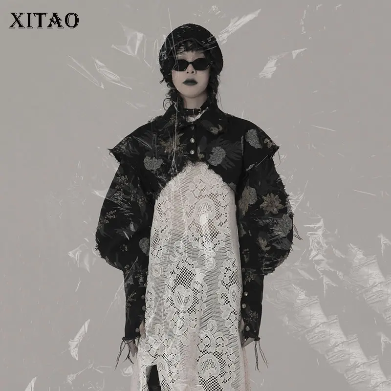 

XITAO Super Short Jacket Vintage Jacquard Embroidery Fashion Personality Puff Sleeve Tassel Street Trendy Top Coat GWJ2997