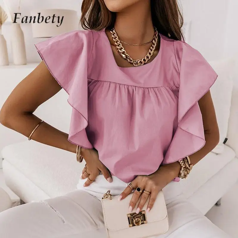 

Модная Свободная блузка с круглым вырезом, лето 2023, повседневный пуловер с коротким рукавом, топы, Офисная Женская Повседневная Однотонная рубашка, блуза