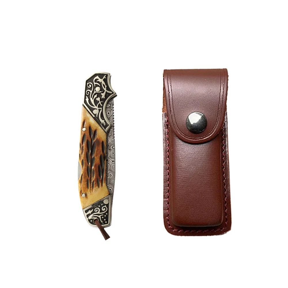 

Folding Pocket Knife Damascus Stainless Steel Cupronickel Bone Handle Material Outdoor Camping Survival Knifive Flipper