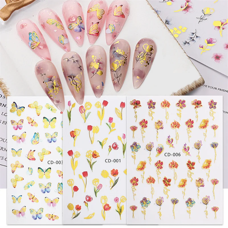 

1pcs New Nail Stickers Bronzing Tulip Lotus Decals Butterfly Plant Transfer Sliders Wraps Manicure Summer Nail Art Decorations