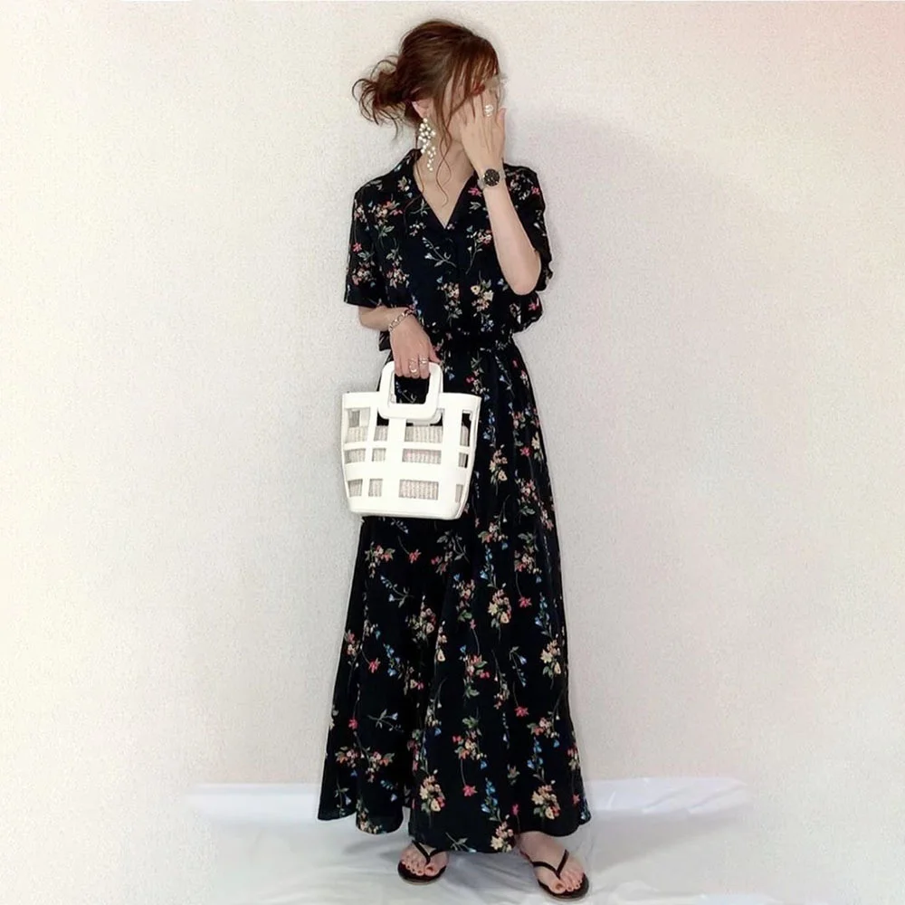 

Suit Collar Small Floral Dress 2022 Summer New Style Japan South Korea Elastic Waist Long Swing Skirt Floor Length Skirt Woman