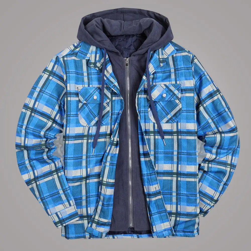 Popular Winter/Autumn Men's Jacket Plaid Hooded Long Sleeve Cotton Padded Fake Two Piece Thicken Hoodie Jacket Streetwear