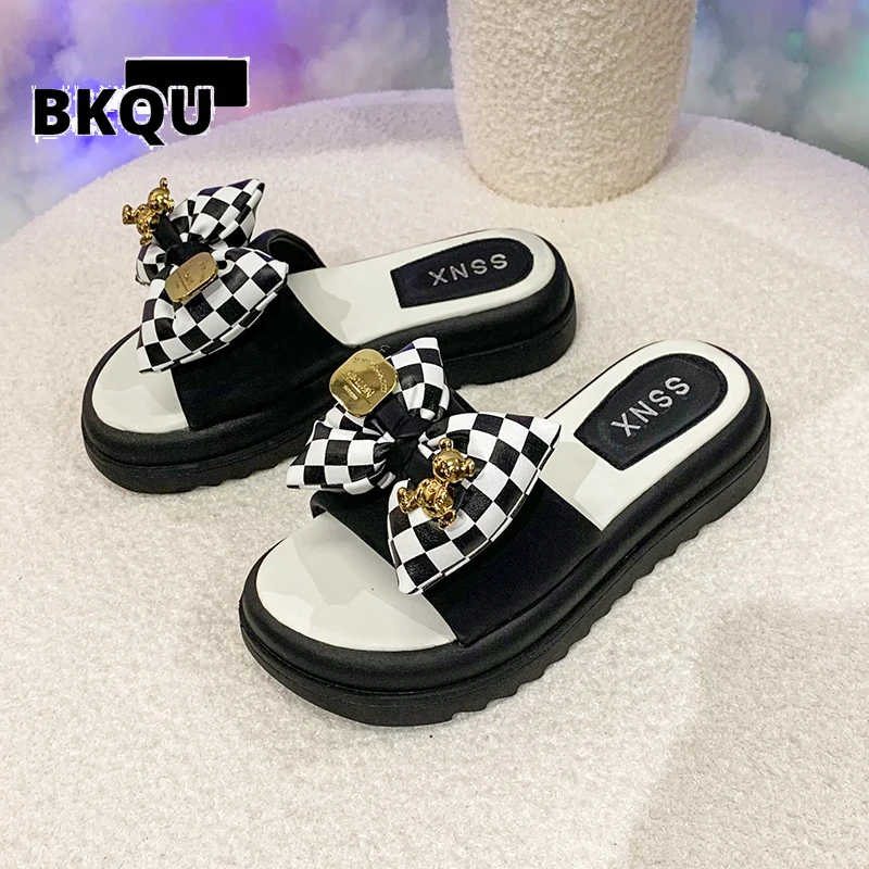 

Women Wearing Sandals And Slippers 2022 Summer New Round Head Bow Thick-soled Sandals Flat Roman Fashion Beach Shoes bowknot