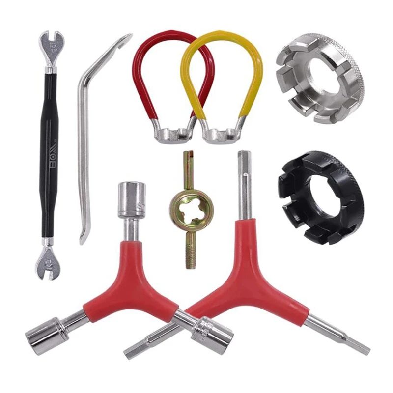 

New Hot BOY 9 Pcs Spoke Tool Kit,8 Cut Open Spoke Wrench,Bike Spoke Wrench,Tire Lever,Valve Core,Y-Type Hex Socket Wrench&14-15G