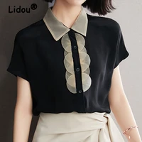 2022 lace short sleeve black chiffon blouse spring summer korean style shirt for female professional office lady casual shirt