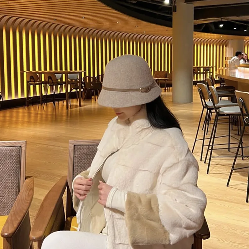 Панама женская шерстяная роскошная зимняя шапка с поясом кашемировая теплая