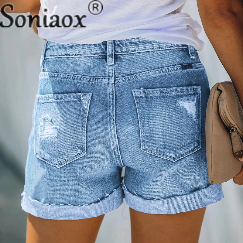 Fashion Broken Holes Multi-button Splice Denim Shorts Ladies Summer Women Commuter Straight Three Quarter Pants Trend Streetwear