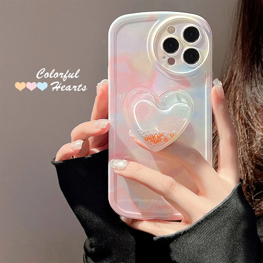 

Pink Cloudy Color Phone Case with Flowing Beads Heart Holder for IPhone 13 14pro Max Dream Series Phone Case for Girl