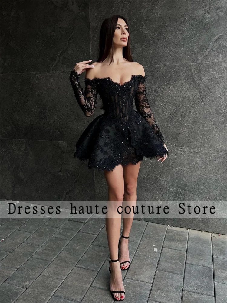 

Элегантные черные кружевные короткие платья для выпускного вечера 2023 с бальным платьем три четверти платье для встречи выпускников платья ...