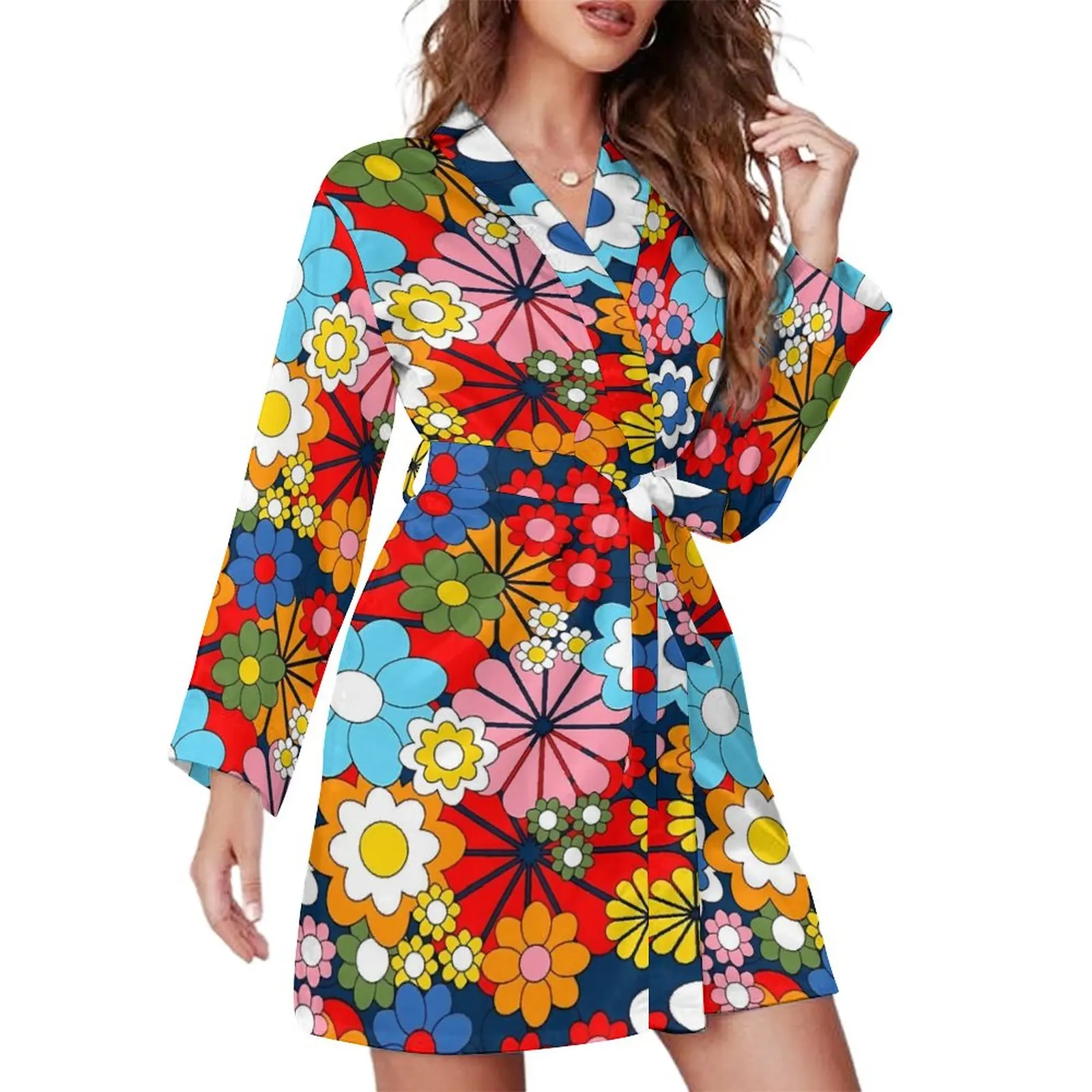 

Floral Pajama Robe Retro Flowers Print Long-Sleeve Bedroom Pajamas Robes Female V Neck Kawaii Sleepwear Autumn Custom Dresses